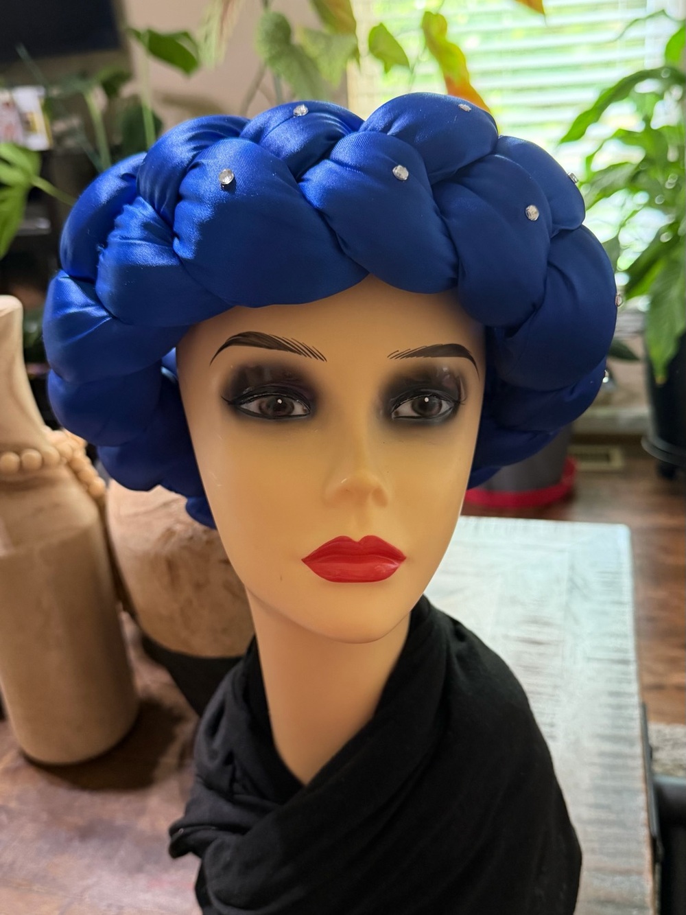 EUC Royal Blue Braided Satin Padded Headband Rhinestone Embellished